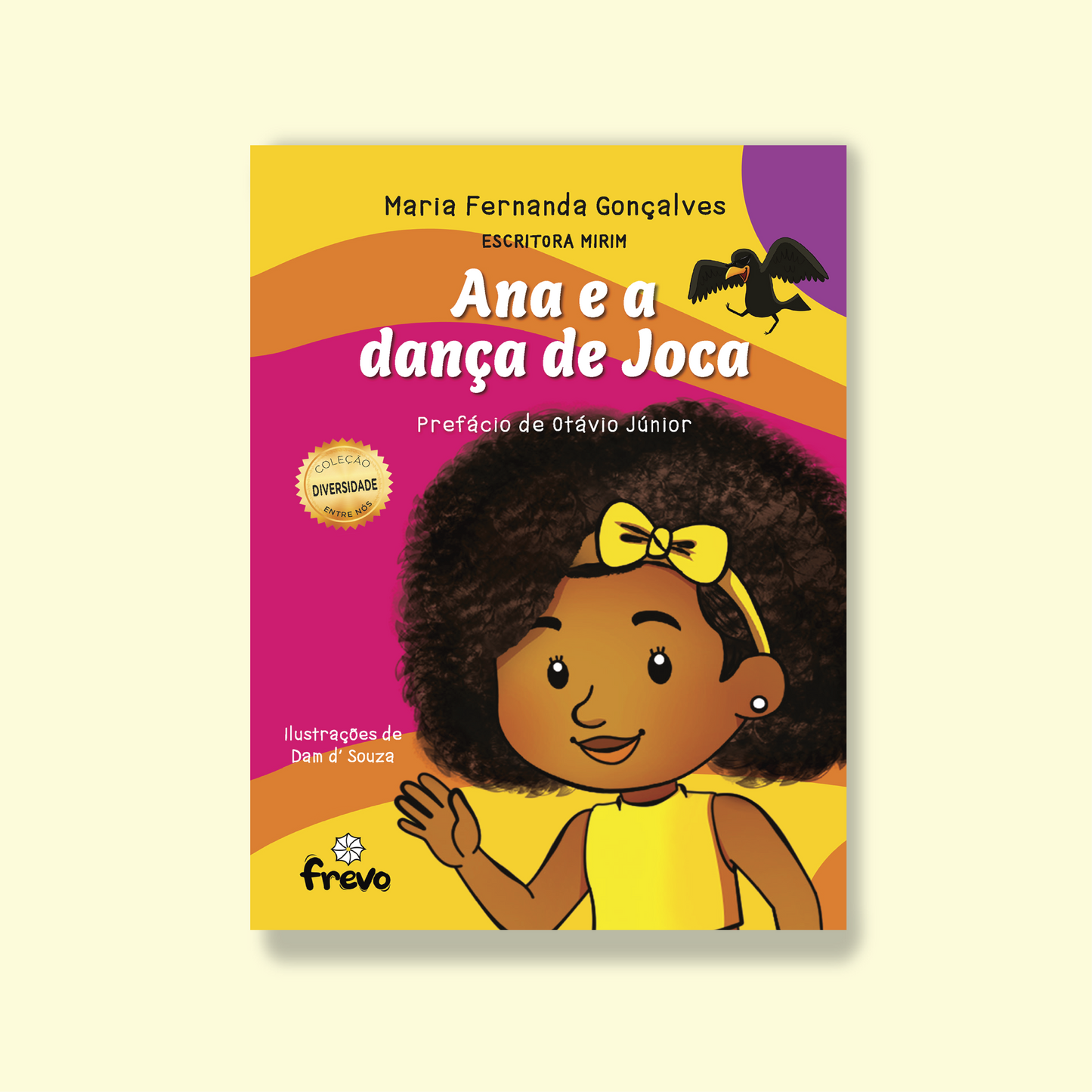 Capa do livro Ana e a dança de Joca, tem uma meninas afro-descendente com uma roupa amarela e o fundo nas cores amarela, laranja e roxo